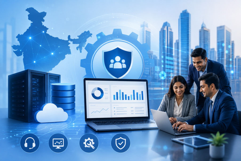 Indian enterprise team managing SAP cloud infrastructure and managed services with cybersecurity dashboard, data servers, cloud computing, analytics monitoring, and India network map in a modern corporate environment.