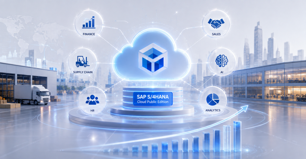 GROW with SAP cloud ERP connecting finance, supply chain, sales, HR, AI, and analytics