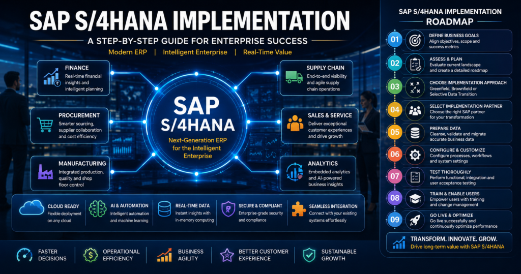 SAP S/4HANA implementation roadmap showing finance, procurement, manufacturing, supply chain, analytics, and enterprise ERP deployment process