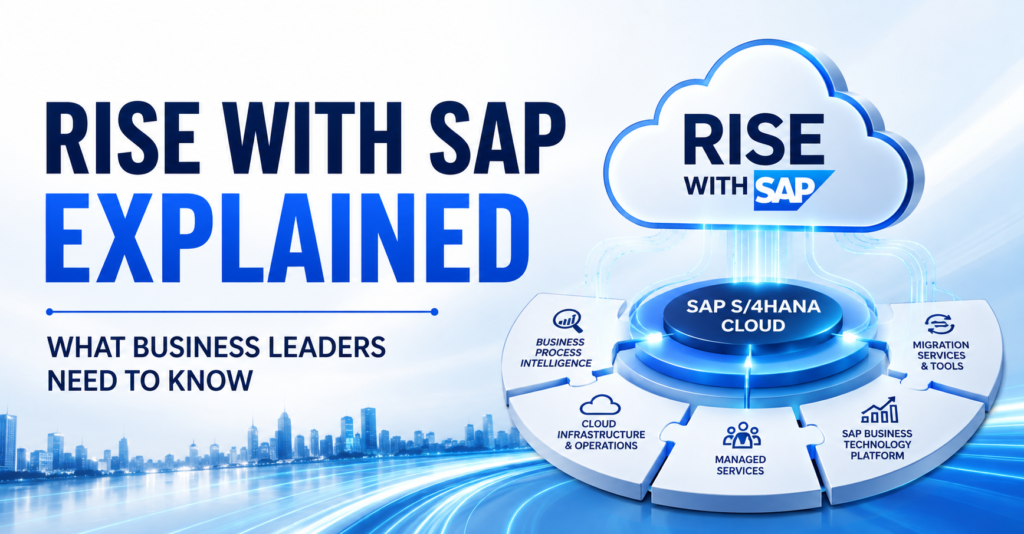 RISE with SAP platform connecting SAP S/4HANA Cloud, business process intelligence, SAP Business Technology Platform, cloud infrastructure, and enterprise digital transformation.