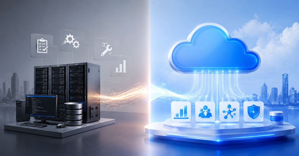 RISE with SAP vs Traditional SAP Implementation comparison showing on-premises ERP infrastructure and modern cloud ERP transformation