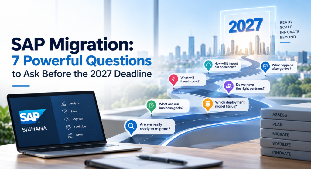 SAP migration strategy for the 2027 deadline, covering S/4HANA readiness, business goals, deployment options, cost, partners, and post-go-live planning